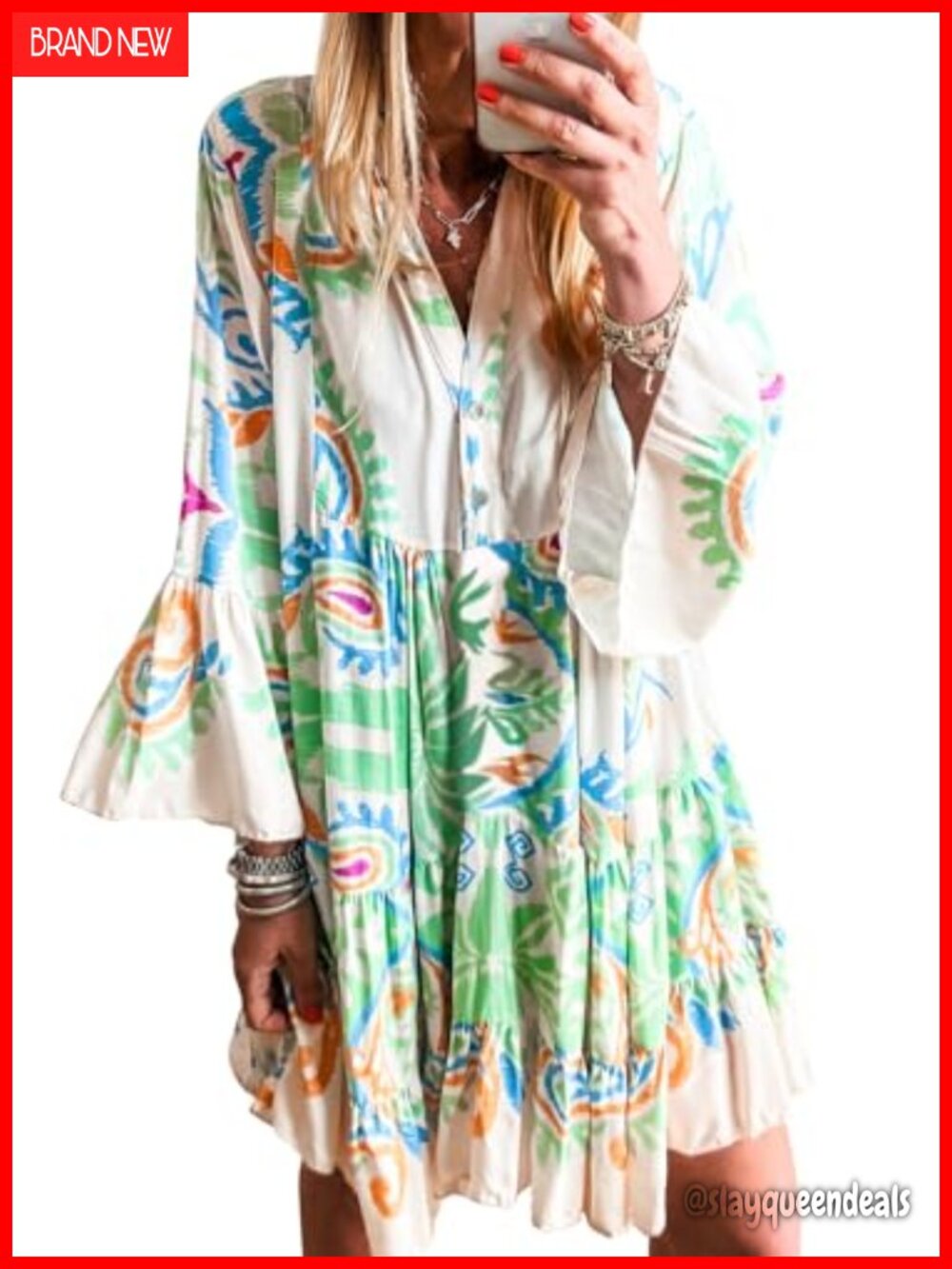 Womens Boho V Neck 3/4 Sleeve Buttoned Mini Dress Tribal Floral Beach